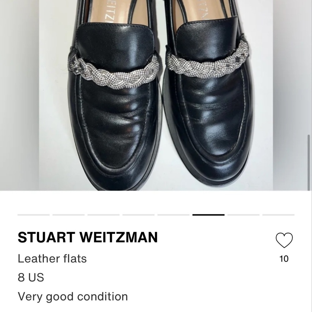 Stuart Weitzman Black Leather Loafers with Braided Silver Chain